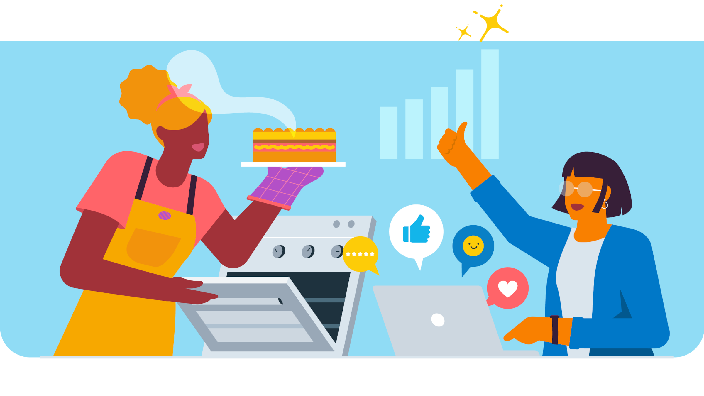 Small business owner baking cake high fives another person on a laptop.